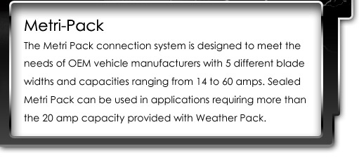 Metri-Pack connection system is designed to meet the needs of OEM vehicle manufacturers with 5 different blade widths and capacities ranging from 14 to 60 amps.  Sealed Metri Pack can be used in applications requiring more than the 20 amp capacity provided with Weather Pack.